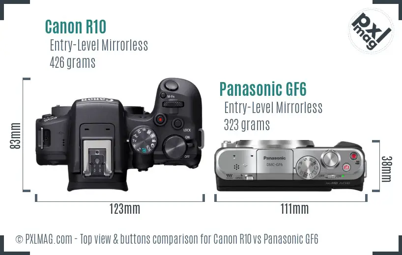 Canon R10 vs Panasonic GF6 top view buttons comparison Canon R10 vs Panasonic GF6 top view buttons comparison