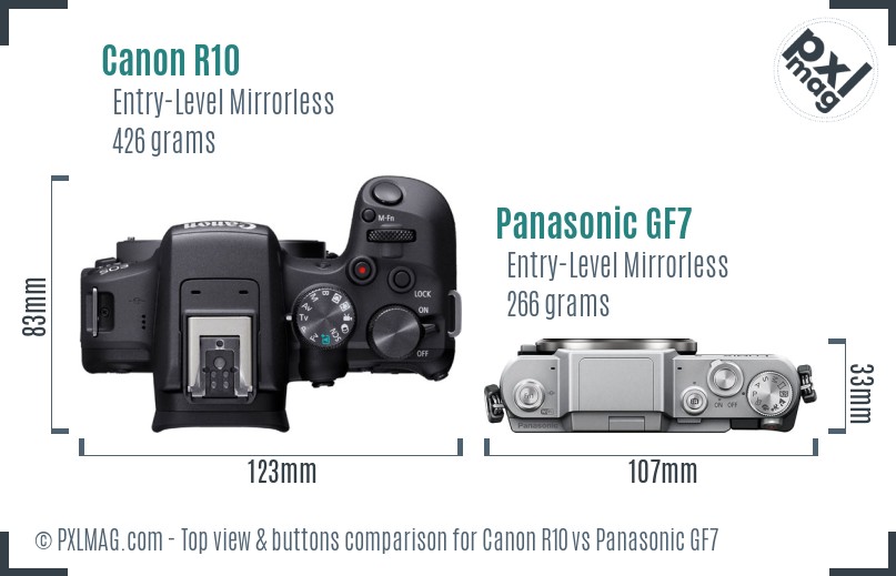 Canon R10 vs Panasonic GF7 top view buttons comparison