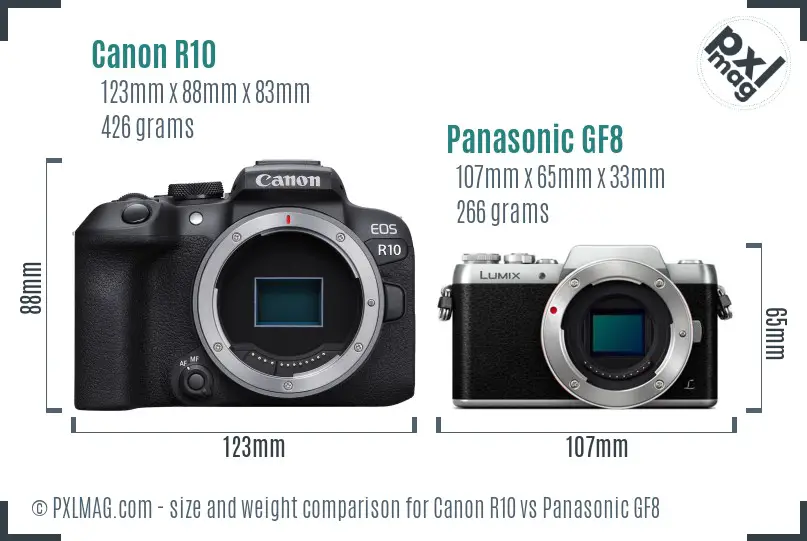 Canon R10 vs Panasonic GF8 size comparison