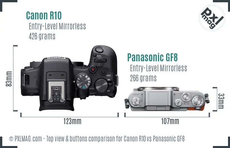 Canon R10 vs Panasonic GF8 top view buttons comparison
