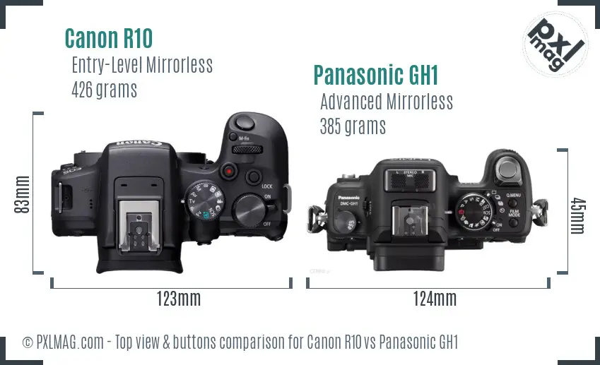 Canon R10 vs Panasonic GH1 top view buttons comparison