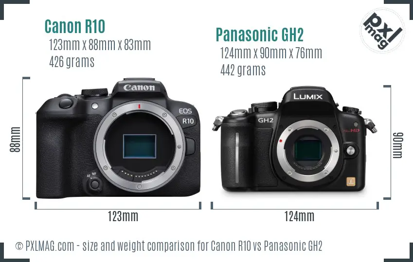 Canon R10 vs Panasonic GH2 size comparison