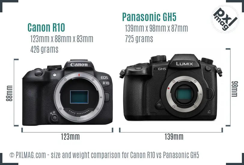 Canon R10 vs Panasonic GH5 size comparison