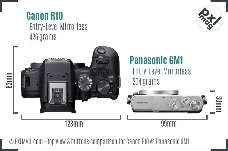 Canon R10 vs Panasonic GM1 top view buttons comparison Canon R10 vs Panasonic GM1 top view buttons comparison
