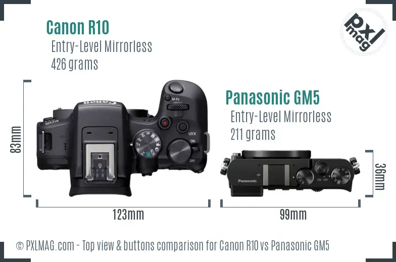 Canon R10 vs Panasonic GM5 top view buttons comparison