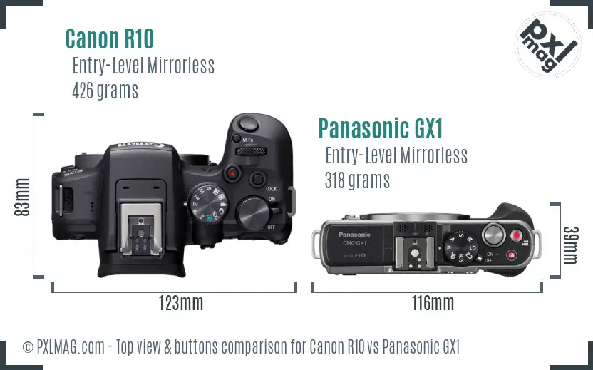 Canon R10 vs Panasonic GX1 top view buttons comparison