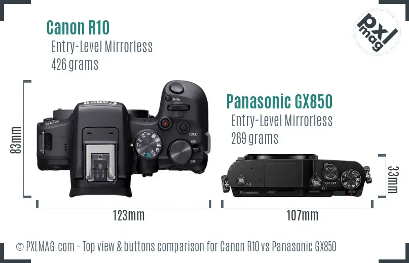 Canon R10 vs Panasonic GX850 top view buttons comparison