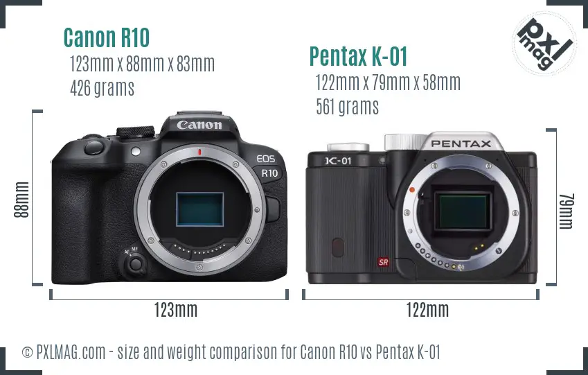 Canon R10 vs Pentax K-01 size comparison