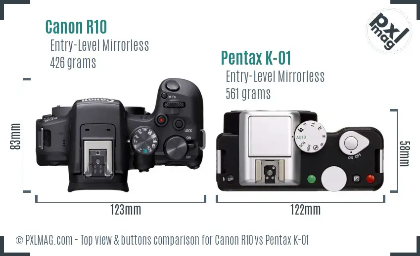 Canon R10 vs Pentax K-01 top view buttons comparison