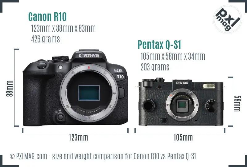 Canon R10 vs Pentax Q-S1 size comparison