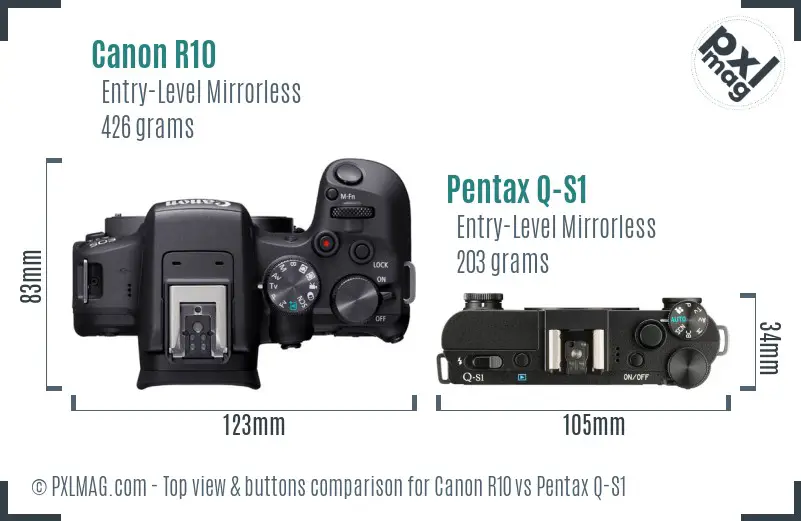 Canon R10 vs Pentax Q-S1 top view buttons comparison