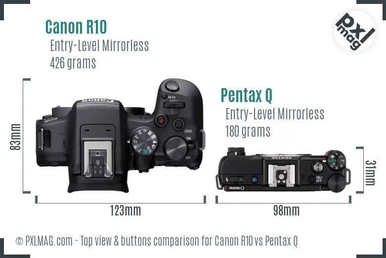 Canon R10 vs Pentax Q top view buttons comparison