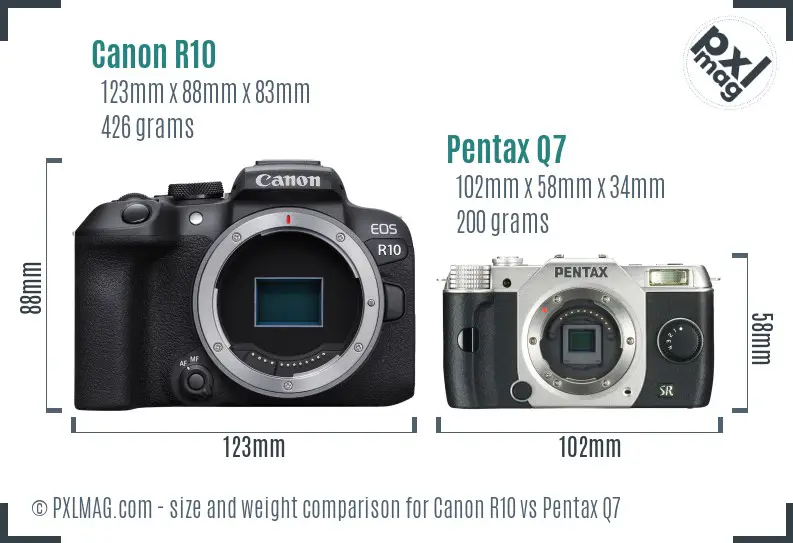 Canon R10 vs Pentax Q7 size comparison