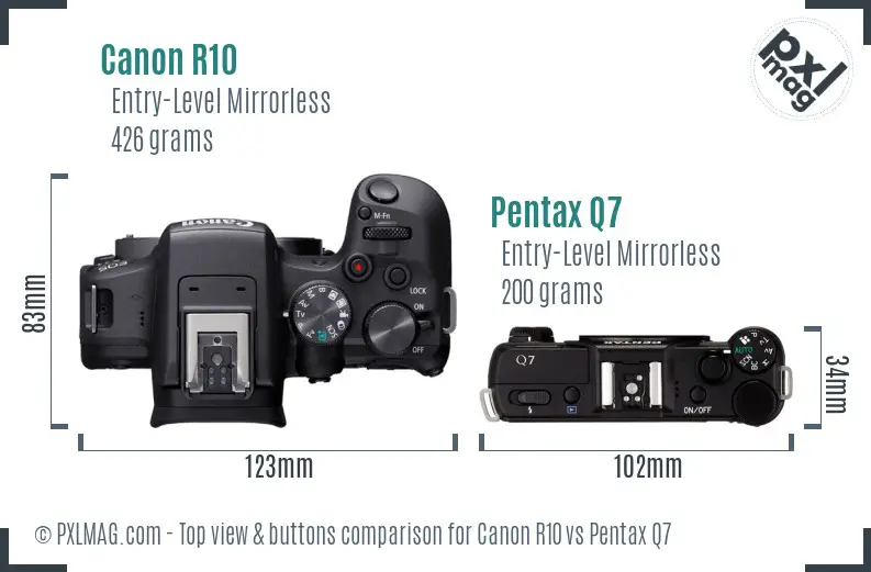 Canon R10 vs Pentax Q7 top view buttons comparison