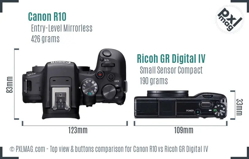 Canon R10 vs Ricoh GR Digital IV top view buttons comparison Canon R10 vs Ricoh GR Digital IV top view buttons comparison