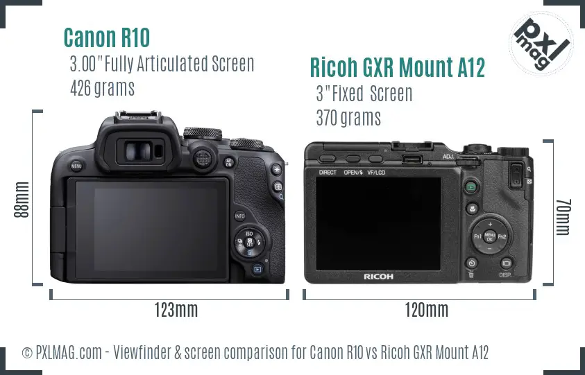 Canon R10 vs Ricoh GXR Mount A12 Screen and Viewfinder comparison