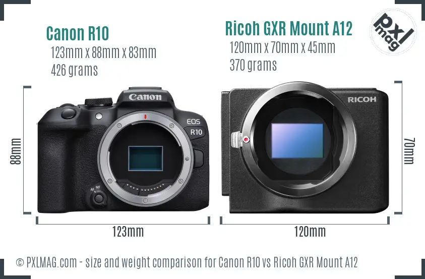 Canon R10 vs Ricoh GXR Mount A12 size comparison