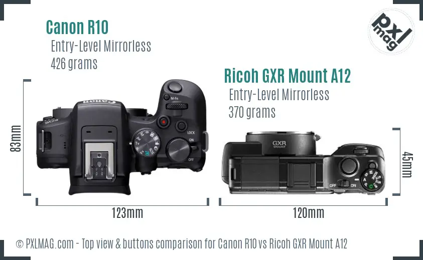 Canon R10 vs Ricoh GXR Mount A12 top view buttons comparison