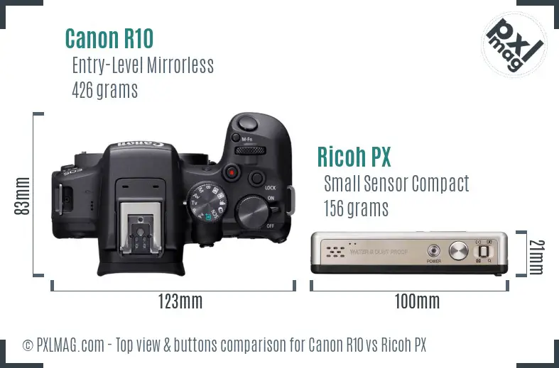 Canon R10 vs Ricoh PX top view buttons comparison Canon R10 vs Ricoh PX top view buttons comparison