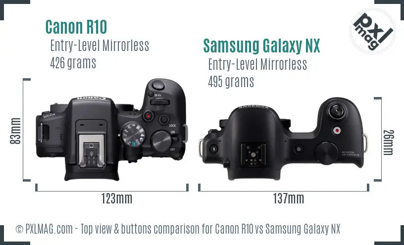 Canon R10 vs Samsung Galaxy NX top view buttons comparison