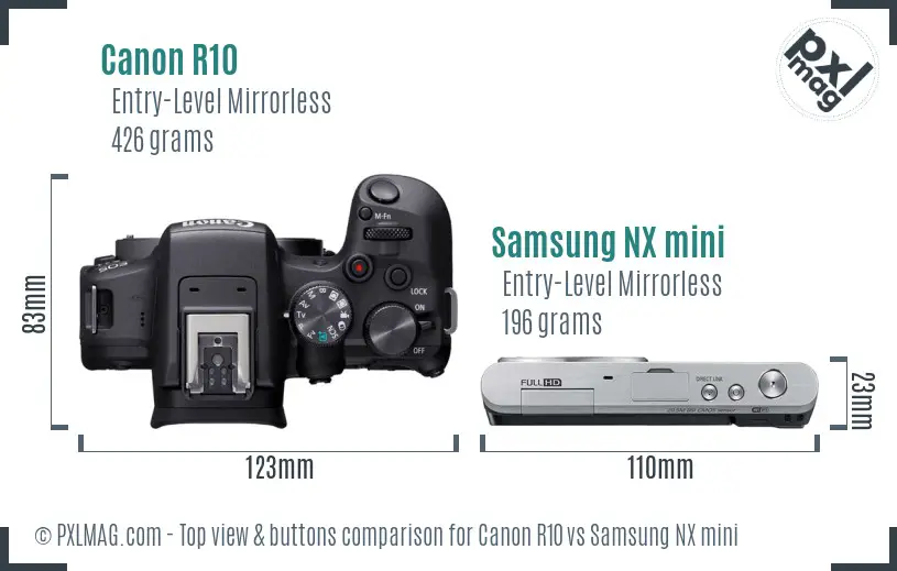 Canon R10 vs Samsung NX mini top view buttons comparison
