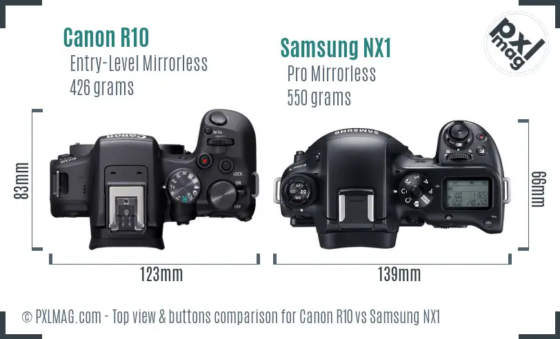 Canon R10 vs Samsung NX1 top view buttons comparison