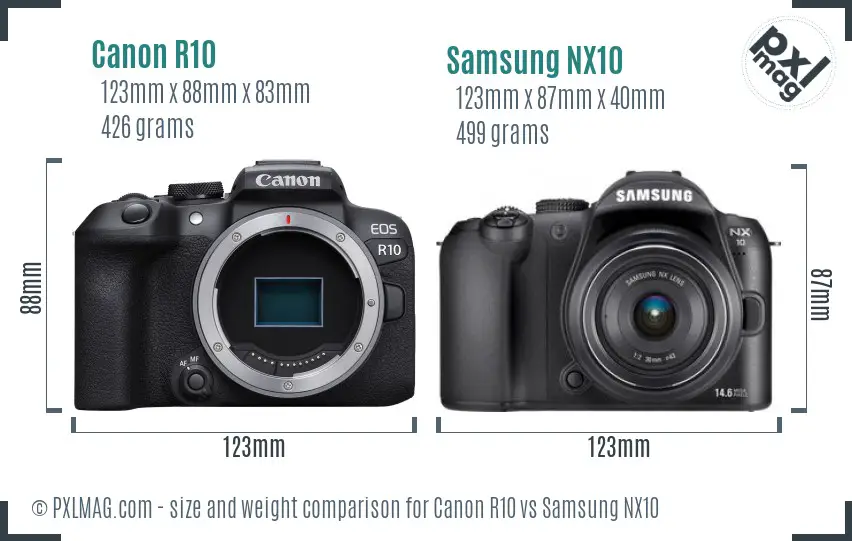 Canon R10 vs Samsung NX10 size comparison