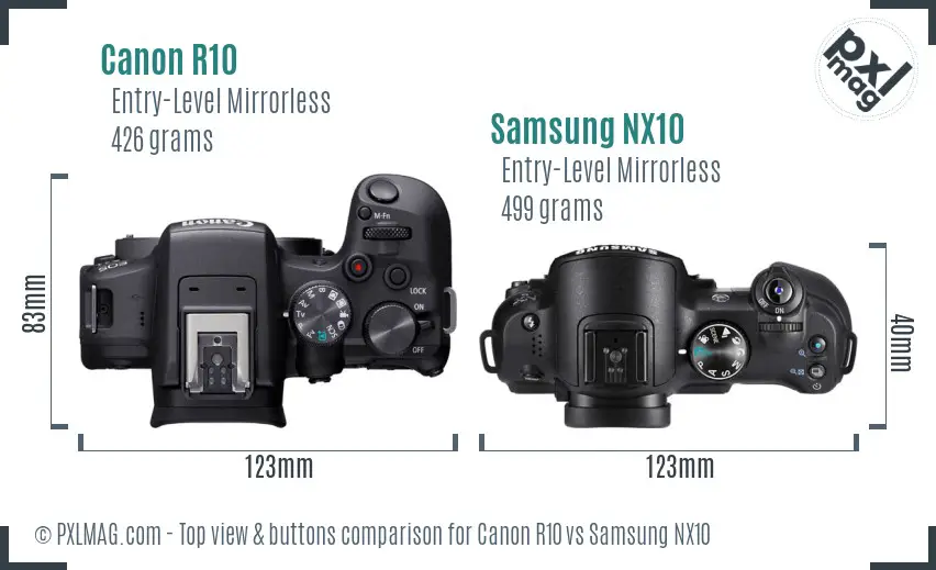 Canon R10 vs Samsung NX10 top view buttons comparison