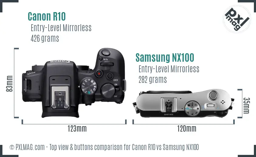 Canon R10 vs Samsung NX100 top view buttons comparison