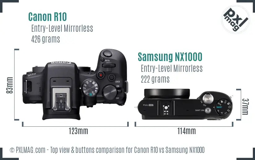 Canon R10 vs Samsung NX1000 top view buttons comparison Canon R10 vs Samsung NX1000 top view buttons comparison