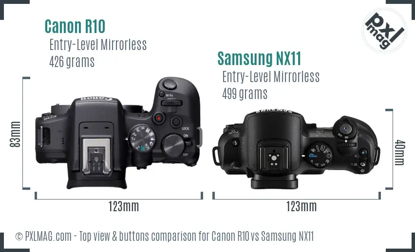 Canon R10 vs Samsung NX11 top view buttons comparison