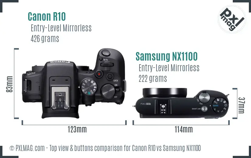 Canon R10 vs Samsung NX1100 top view buttons comparison Canon R10 vs Samsung NX1100 top view buttons comparison