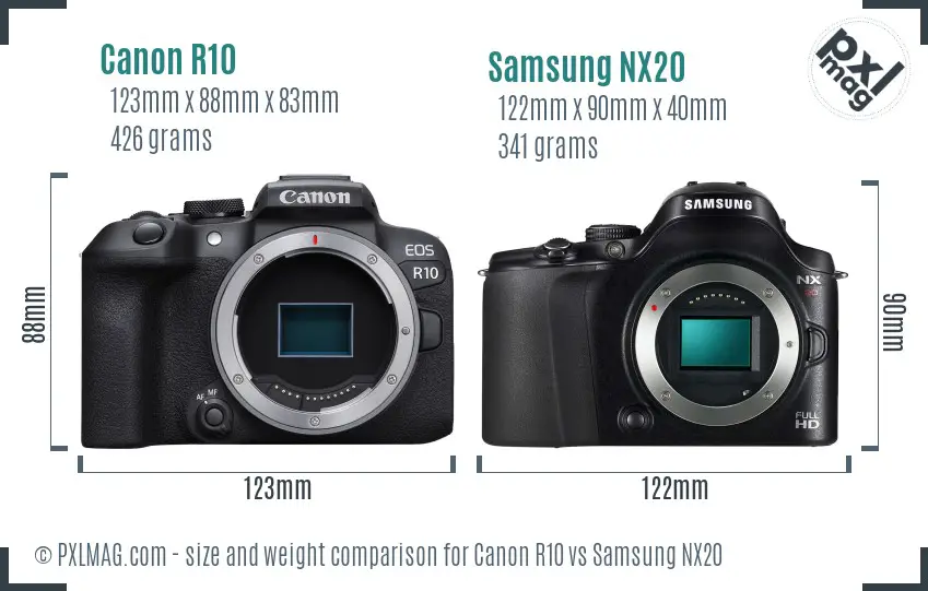 Canon R10 vs Samsung NX20 size comparison Canon R10 vs Samsung NX20 size comparison