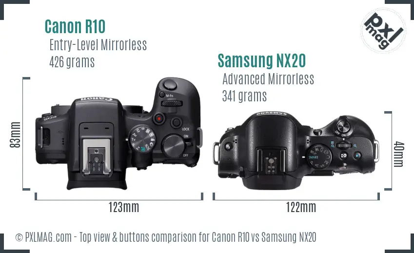 Canon R10 vs Samsung NX20 top view buttons comparison Canon R10 vs Samsung NX20 top view buttons comparison