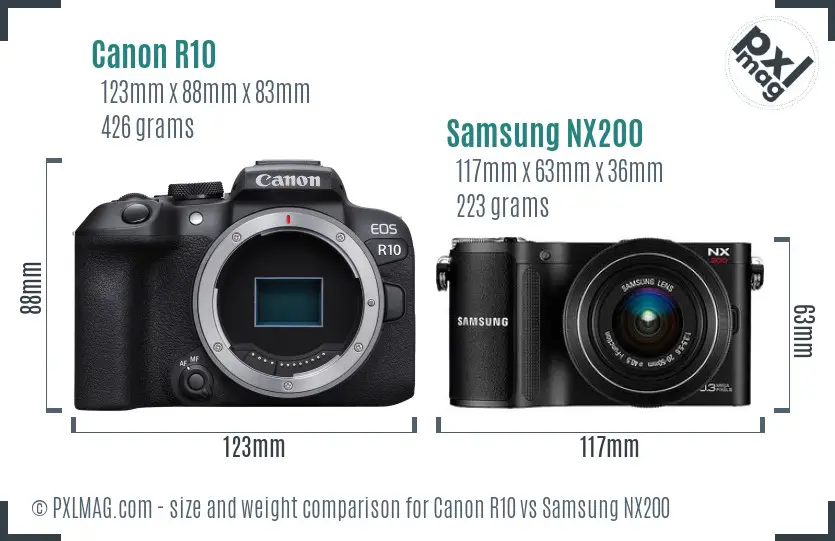 Canon R10 vs Samsung NX200 size comparison