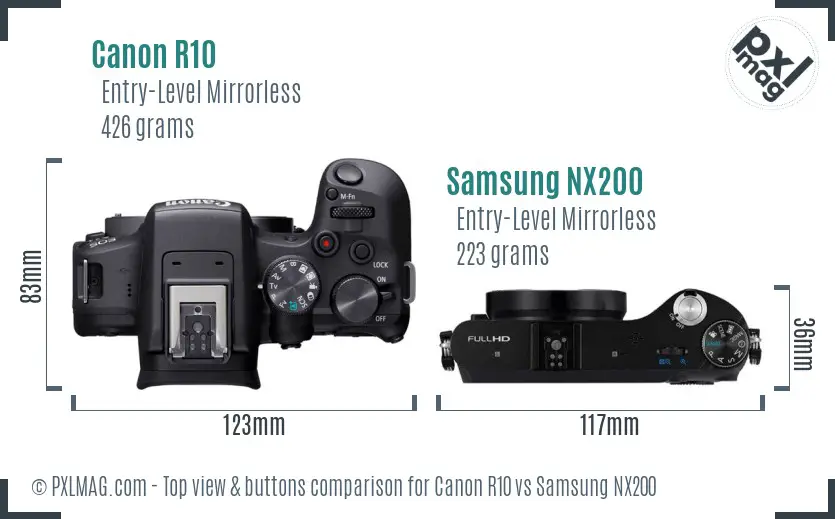 Canon R10 vs Samsung NX200 top view buttons comparison
