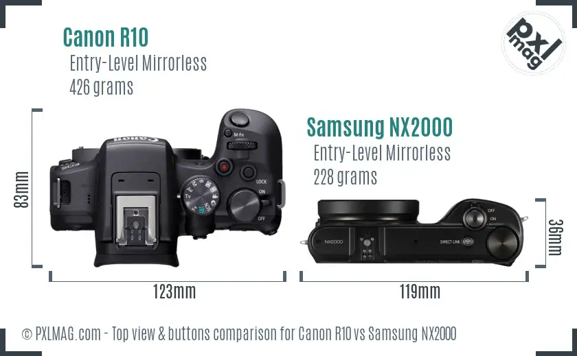 Canon R10 vs Samsung NX2000 top view buttons comparison