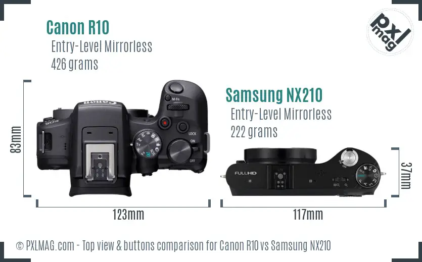 Canon R10 vs Samsung NX210 top view buttons comparison