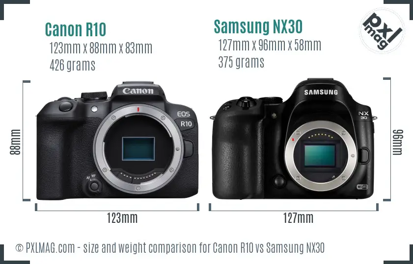Canon R10 vs Samsung NX30 size comparison Canon R10 vs Samsung NX30 size comparison