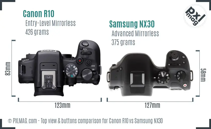 Canon R10 vs Samsung NX30 top view buttons comparison Canon R10 vs Samsung NX30 top view buttons comparison