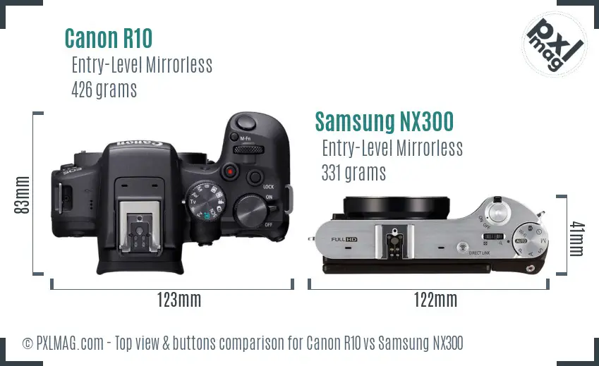 Canon R10 vs Samsung NX300 top view buttons comparison Canon R10 vs Samsung NX300 top view buttons comparison
