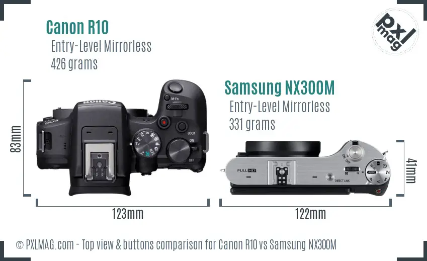 Canon R10 vs Samsung NX300M top view buttons comparison