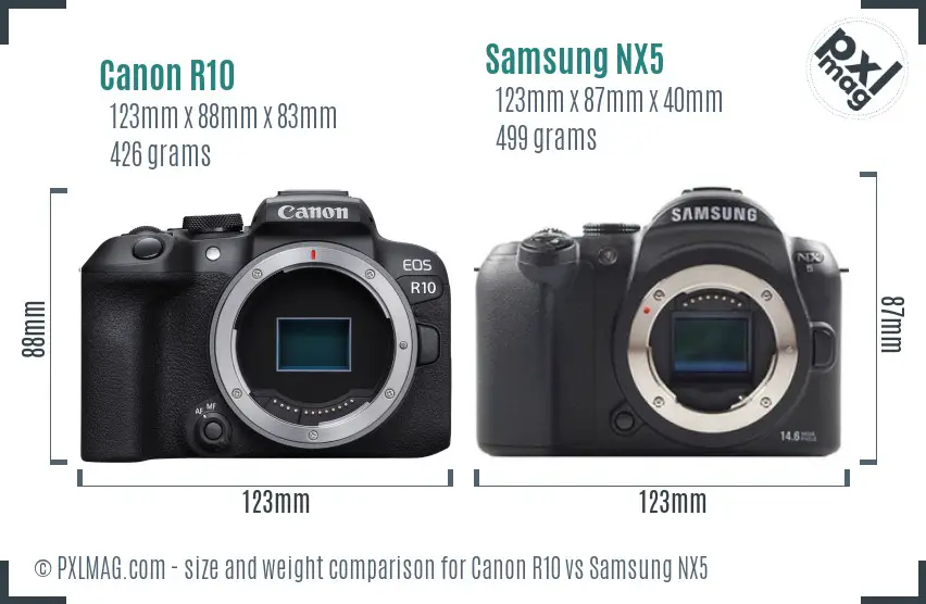 Canon R10 vs Samsung NX5 size comparison