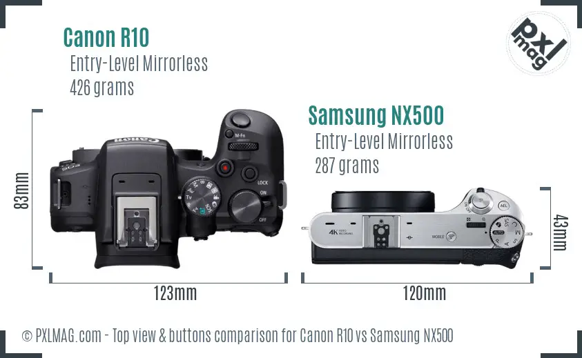 Canon R10 vs Samsung NX500 top view buttons comparison