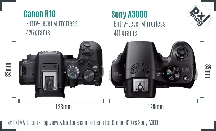 Canon R10 vs Sony A3000 top view buttons comparison