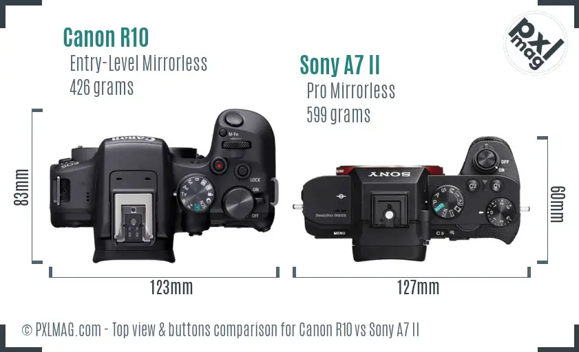 Canon R10 vs Sony A7 II top view buttons comparison