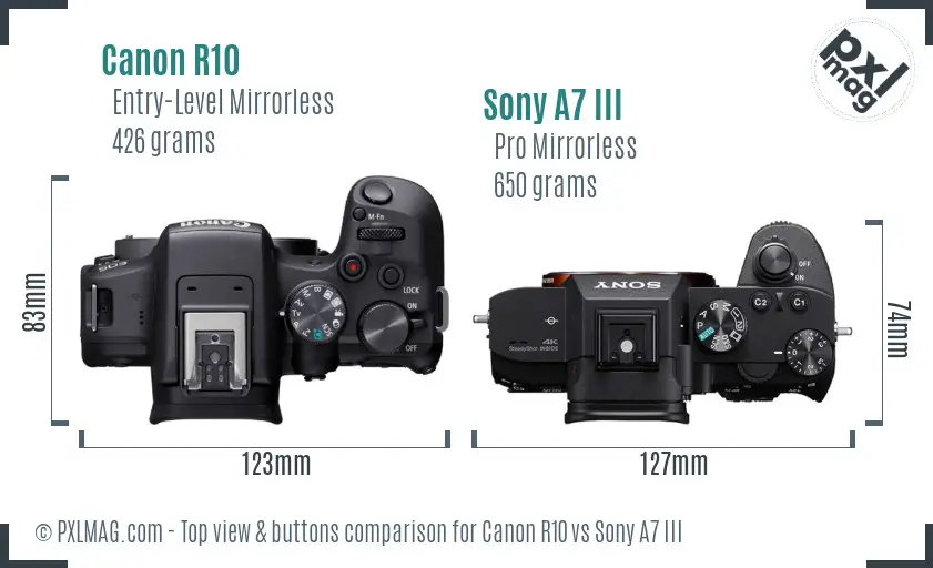 Canon R10 vs Sony A7 III top view buttons comparison