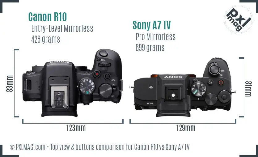Canon R10 vs Sony A7 IV top view buttons comparison