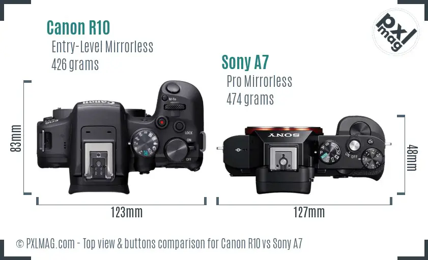 Canon R10 vs Sony A7 top view buttons comparison Canon R10 vs Sony A7 top view buttons comparison