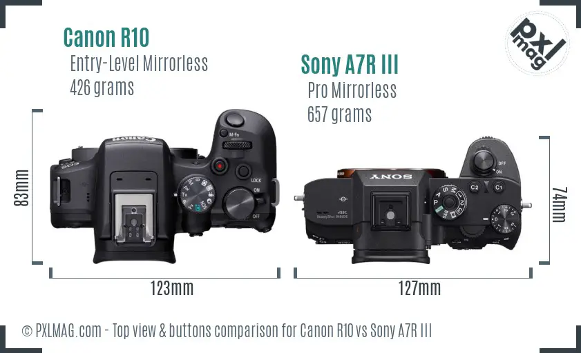 Canon R10 vs Sony A7R III top view buttons comparison